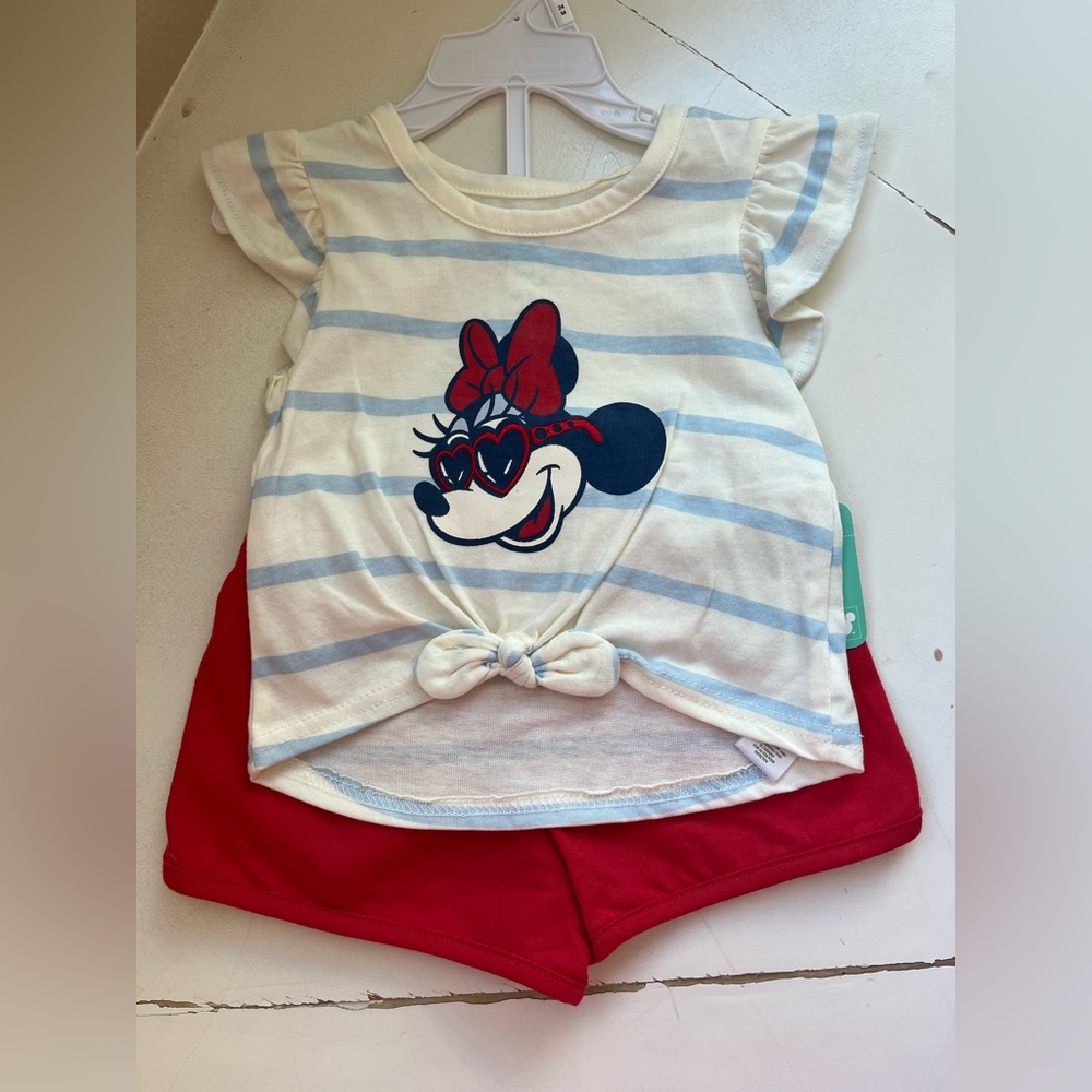 Disney Minnie Mouse Blue Striped Top and Red Shorts Set
